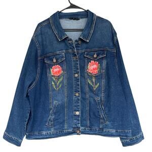 Miladys Denim Jacket Womens 22 Blue Floral Hand Painted Trucker Stretch Plus